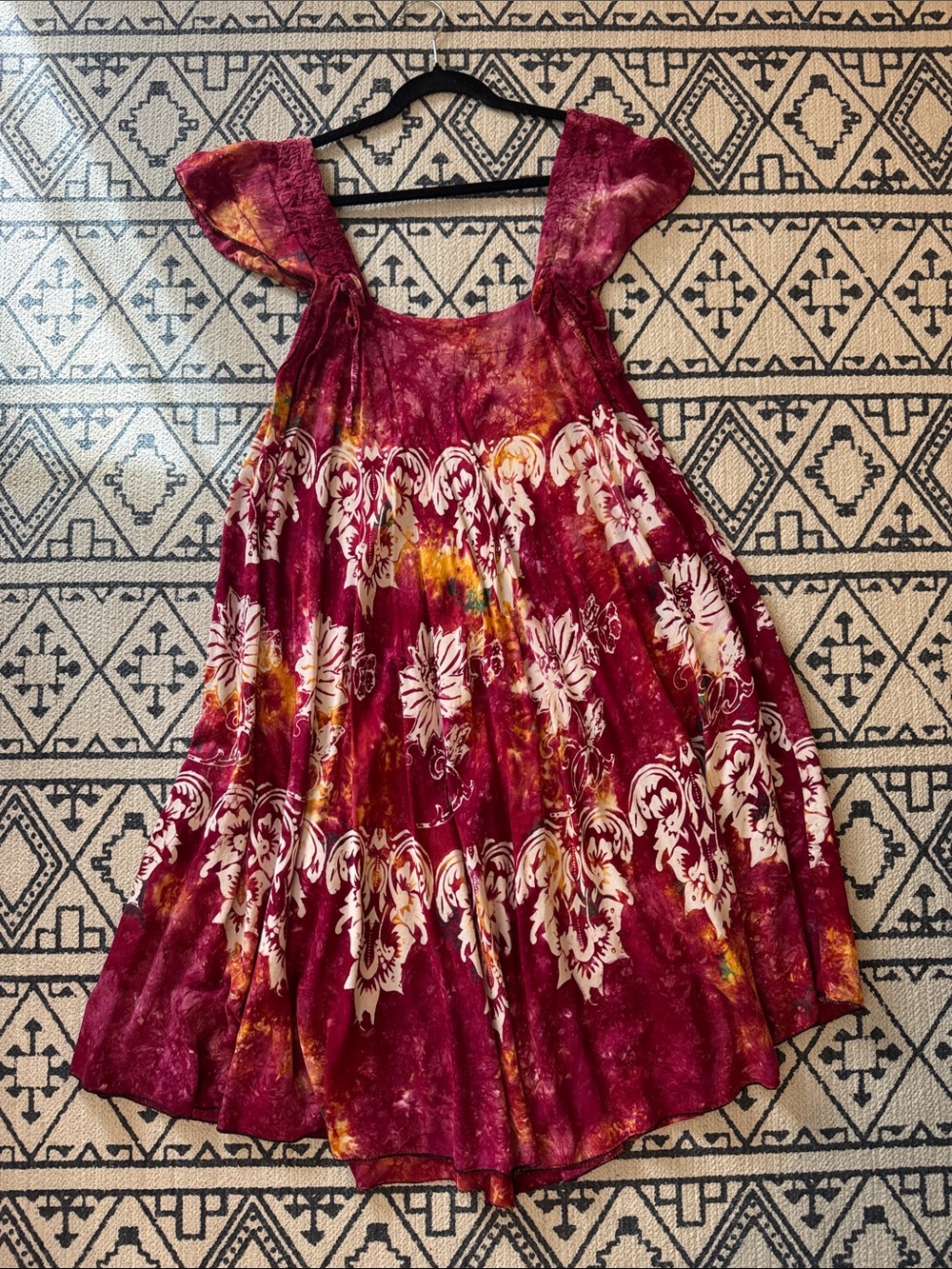 Lady Cactus Vintage Burgundy and Yellow Floral Tie-Dye Batik Midi Dress
